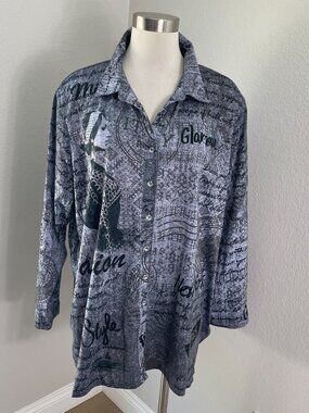 Ali Miles Womens Plus 2X Graphic Print Button Up Tunic Top Lagenlook Shirt